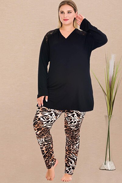 by İGP Black Leopard Printed Pcs Plus Size Long Sleeve Pajama Set