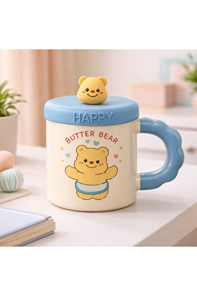 hediyeconcepti 500 ml Butter Bear Ceramic Mug with Lid and Spoon – Cute Bear ...
