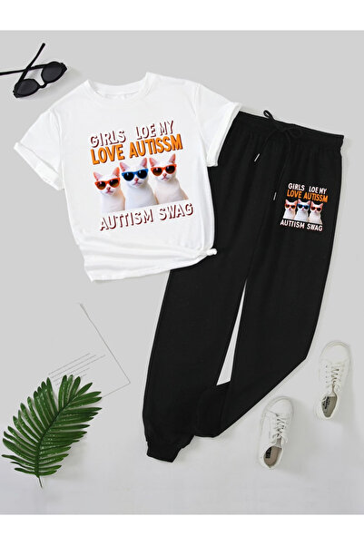 Rayan & Hoor Style Cat b Printed tracksuit bottoms and t-shirt top bottom tra...