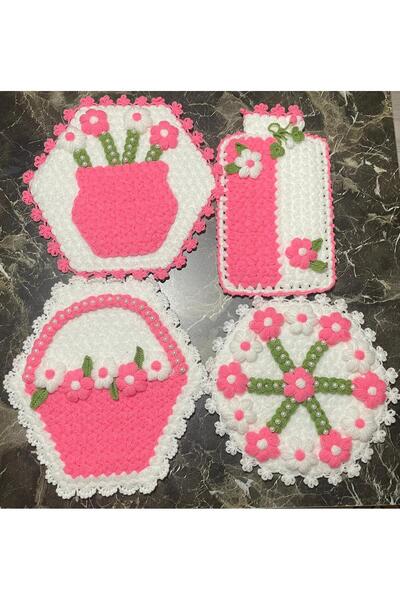 Maça Fashion El Örgüsü Çiçekli Lif Seti 4’lü – Çeyizlik Banyo Takımı Pembe Beyaz