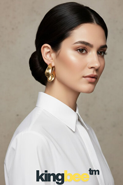 King Bee Napoli̇ Seri̇ Women's Gold Color Wave Formed Large Size Hoop Earring...