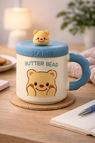 hediyeconcepti 500 ml Butter Bear Ceramic Mug with Lid and Spoon – Cute Bear ...