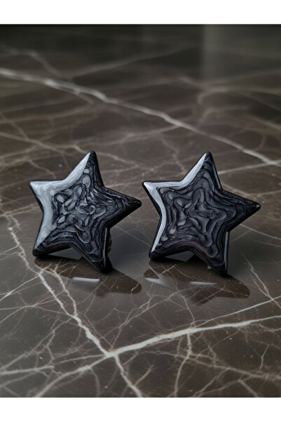 ahsenaksesuar2025 Black Marble Patterned Big Star Model Steel Earrings