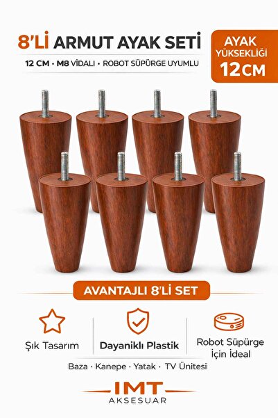 İMT AKSESUAR Armut Mobilya Ayağı 8 Adet 12 cm Ceviz Robot Süpürgeye Uyumlu Ko...