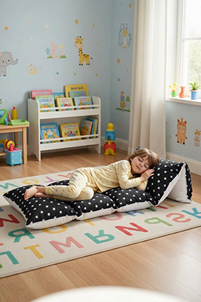 Bundeba Puf Siyah Yıldızlı Çocuk Katlanır Yer Minderi Bebek Yer Yatağı 5 Bölm...