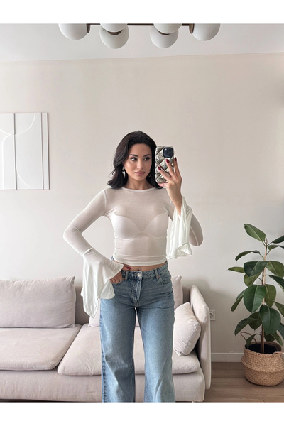 Zoom Butik Kol Volanlı Transparan Crop - BEYAZ