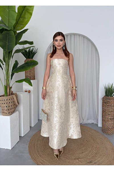 Miss Beyoğlu Women's Satin Jacquard Flared Strapless Design Princess Dress