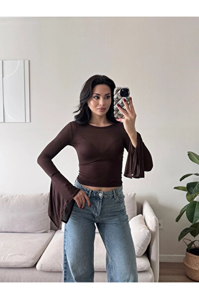 Zoom Butik Kol Volanlı Transparan Crop - KAHVE