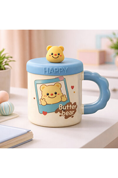 hediyeconcepti 500 ml Butter Bear Ceramic Mug with Lid and Spoon – Cute Bear ...