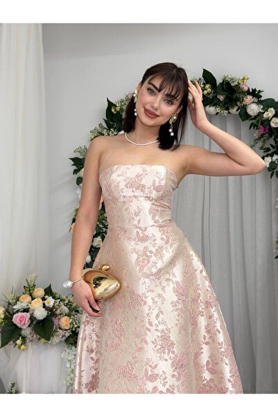 Miss Beyoğlu Γυναικείο Σατέν Φόρεμα Πριγκίπισσας Ζακάρ Κλοσέ Στράπλες Σχεδιασμός