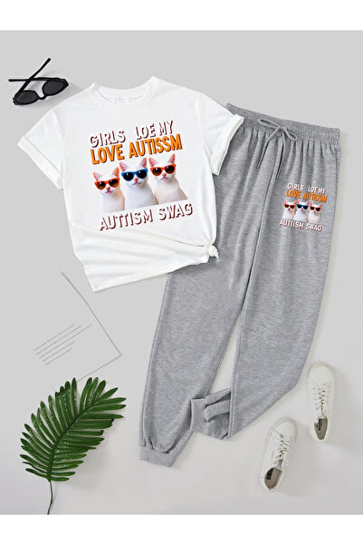 Rayan & Hoor Style Cat b Printed tracksuit bottoms and t-shirt top bottom tra...