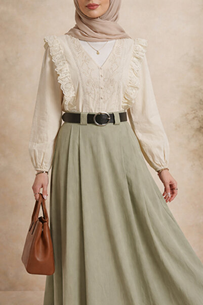 bellura V Yaka Dantel Detaylı Nakışlı Keten Gömlek