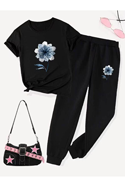 Rayan & Hoor Style Printed Sweatpants and T-shirt Top and Bottom Tracksuit Set