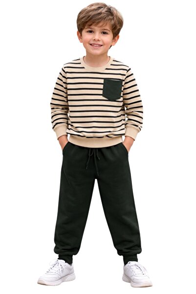 Kidora Kids طقم بدلة رياضية للأولاد مصنوع من القطن بنسبة 100% بلون كريمي وأخض...
