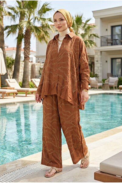 Kirazca Butik طقم حجاب نسائي فضفاض مطرز بالذهب مكون من قطعتين