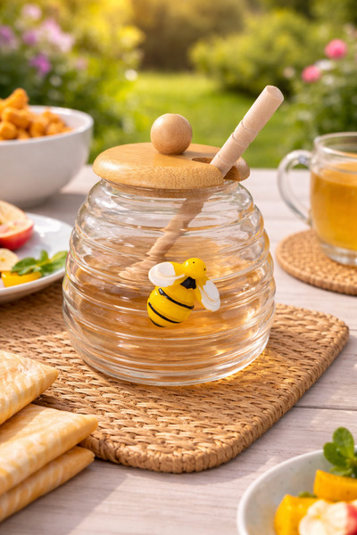 ALEV EMAYE Arılı Cam Bal Kavanozu – Bambu Kapaklı & Bambu Kaşıklı 🐝 480 ml.