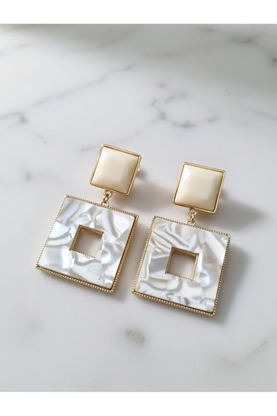ahsenaksesuar2025 Pearlescent Dangle Gold Color Framed Vintage White Big Squa...