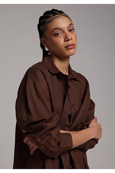 Colin's Boyfriend Fit Shirt Neck Plain Women's Brown Long Sleeve Shirt