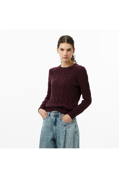Tommy Hilfiger Soft Wool Cable Kadın Bordo Kazak