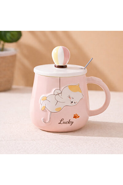 hediyeconcepti 500 ml Cute Cat Ceramic Mug with Lid and Spoon