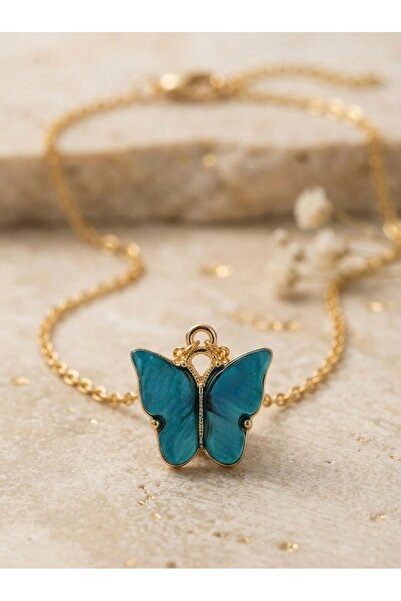 Meneva Aksesuar Gold Color Necklace with Blue Butterfly Figure