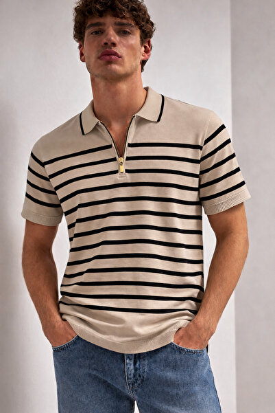 Mavi Erkek Slim Fit Kısa Kollu Çizgili Yarım Fermuarlı Yazlık Triko Tişört