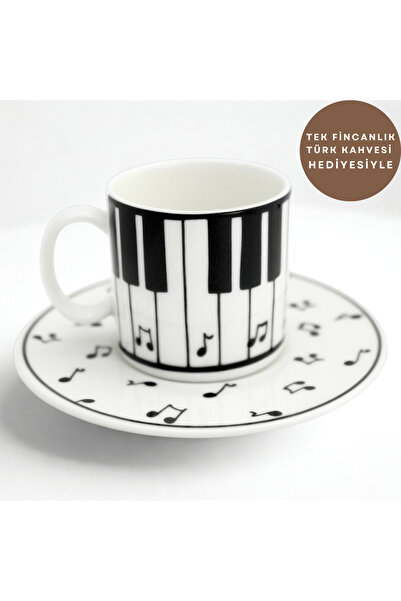 EVİMİA Piyano Desenli Siyah & Beyaz 6 Kişilik Porselen Fincan Takımı