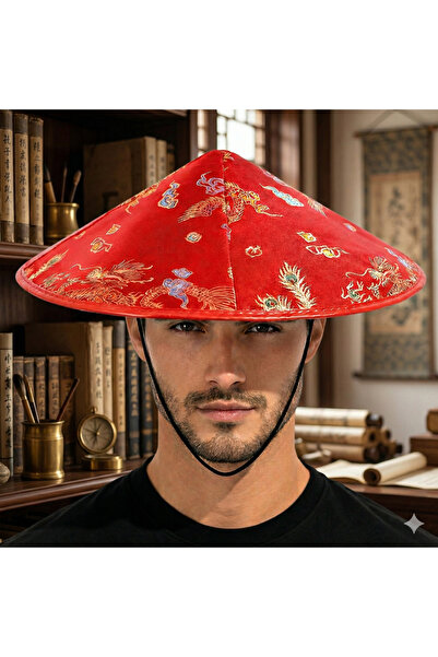 Samur Pălărie chinezească din satin roșu cu model cu broderie Dragon – Elastică