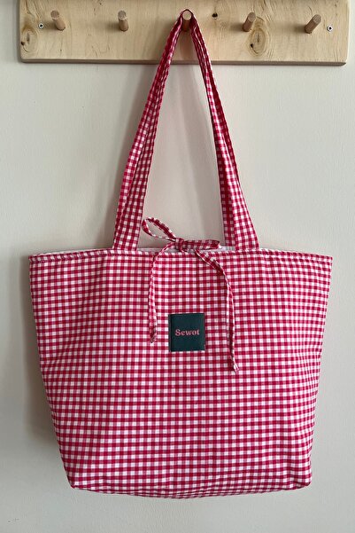 Outlet Çarşım Large Size Women's Bag Mini Checked Tote Daily Fabric Bag Bag