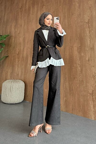 Şulemoda Giyim Lace Detailed Denim Suit Brown