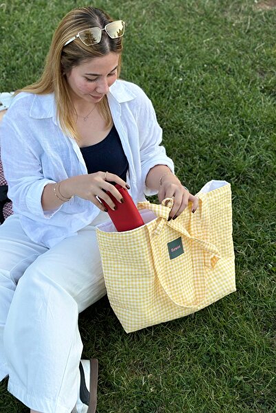 Outlet Çarşım Large Size Women's Bag Mini Checked Tote Daily Fabric Bag Bag