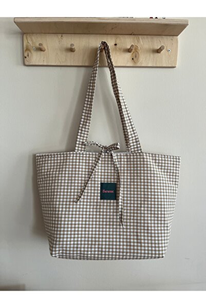 Outlet Çarşım Large Size Women's Bag Mini Checked Tote Daily Fabric Bag Bag