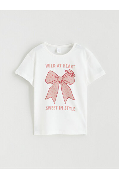LC Waikiki Trendlucky Girls' T-Shirt with Oval Collar and Bow Print