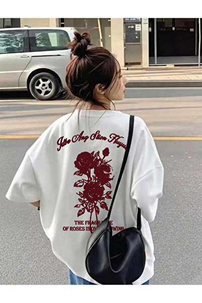 Marco Fresco Unisex Casual Short Sleeve Rose Printed Young Oversized Tshirt