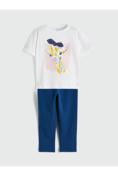 LC Waikiki Giyçık Store Blue Giraffe Printed T-Shirt and Leggings for Girls