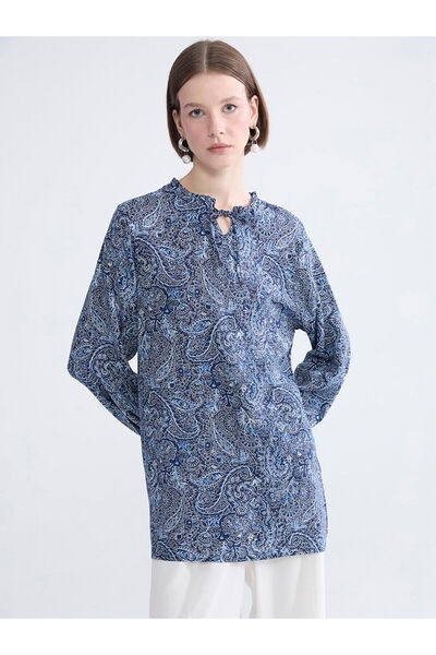 LC Waikiki Nevavm Navy Blue Tie Collar Patterned Blouse with a Difference - S...