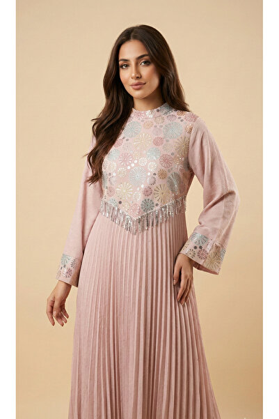 Moda Line "Ghada Al-Fan" jalabiya with rose embroidery and silver fringe