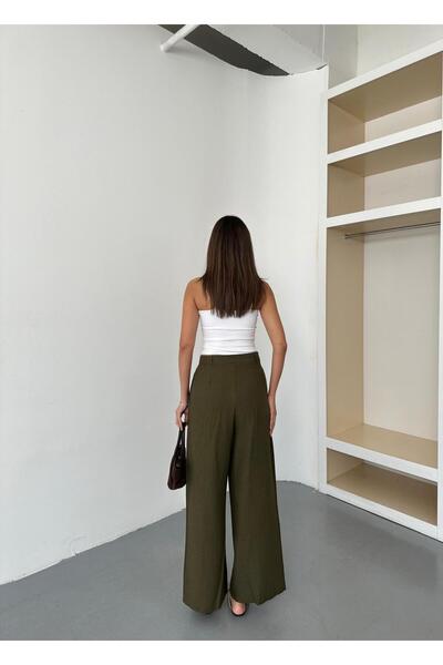 QUASAR Fashion New Season Double Pleated Double Bridged Buttoned Bol P Wide-Leg Leg Palazzo Linen Linen Pants
