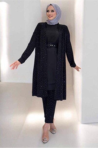 TRENDTESETTÜR KADIN SİYAH KEMERLİ TAŞ DETAYLI KREP TAKIM T 3868