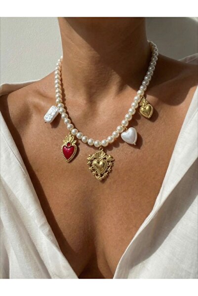 Mope Accessories Nci Beaded Heart Figured Necklace – Charm Design with Gold D...