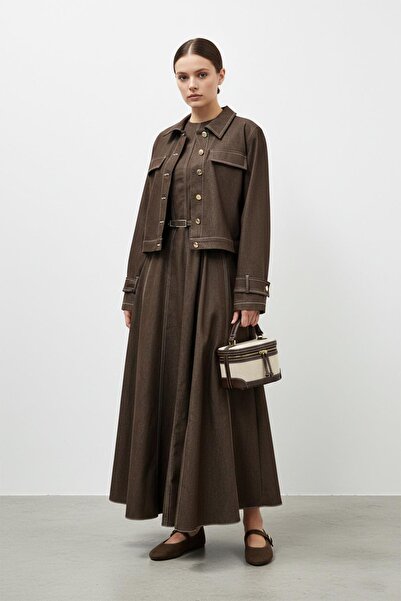 Loreen Women's Belted Button Detailed Skirt Suit-20751Tks - Brown