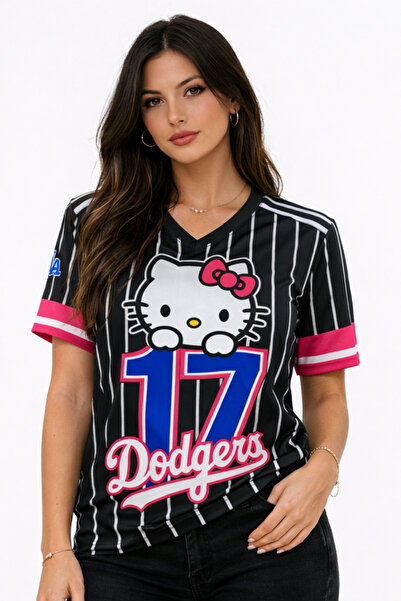 Freak Tshirt Crni Kitty dres, dres Dodgersa, V-izrez, unisex T-shirt