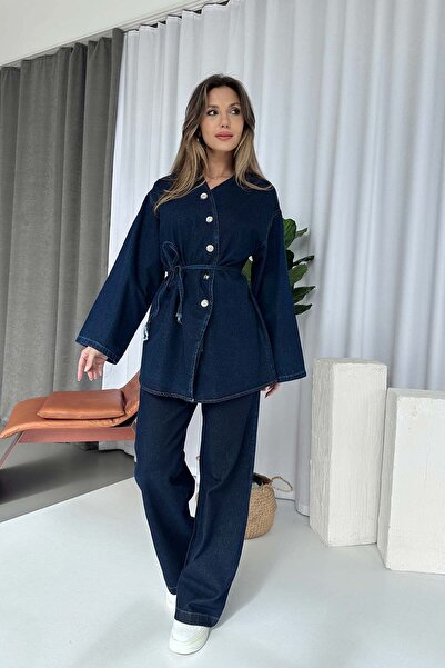 Mine Tan Butik Belt Detail Asymmetrical Collar Denim Set - Navy Blue