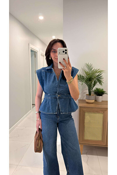 BİRCANÇİL Erasla Blue Buttoned Denim Vest