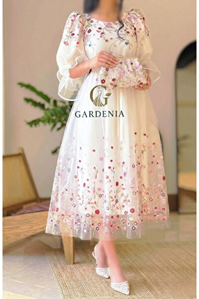 Gardenia Fashion Dreamy Evening Dress in White Tulle with Colorful Flower Emb...