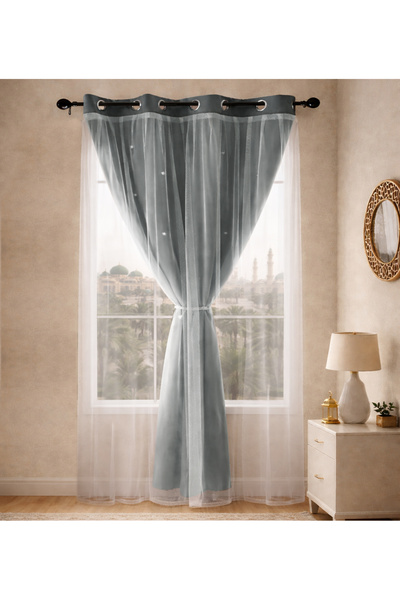 L&Wen Star Blackout Curtains with Sheer, Drapes Grommet Room Curtain (Grey (1...