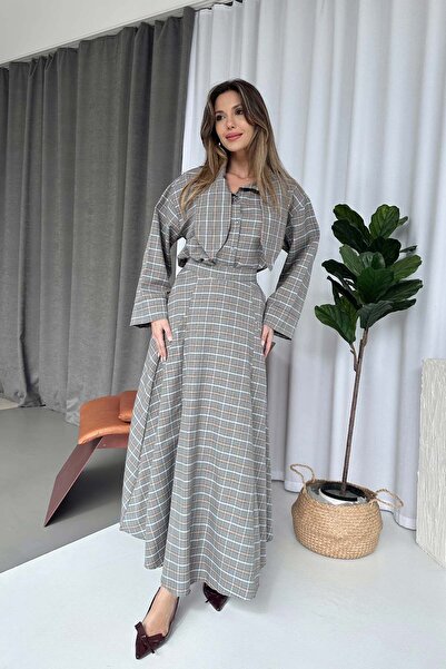 Mine Tan Butik Shawl Collar Shirt and Skirt Set - Gray