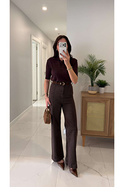 BİRCANÇİL Rinno Brown Striped Extra High Waist Jeans, Pack of Belt