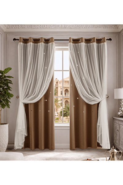 L&Wen Star Blackout Curtains with Sheer, Drapes Grommet Room Curtain (Dark Be...
