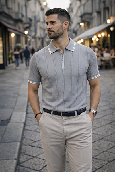 Maccali Ανδρικό μπλουζάκι Trend Ριγέ Premium σε γκρι χρώμα με λαιμόκοψη πόλο